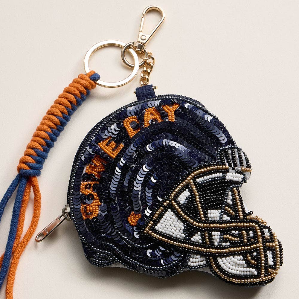 GAME DAY Football Helmet Sequin Seed Beaded Keychain Pouch