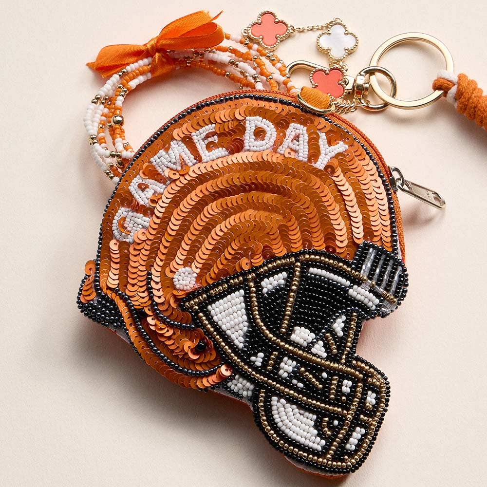 GAME DAY Football Helmet Sequin Seed Beaded Keychain Pouch