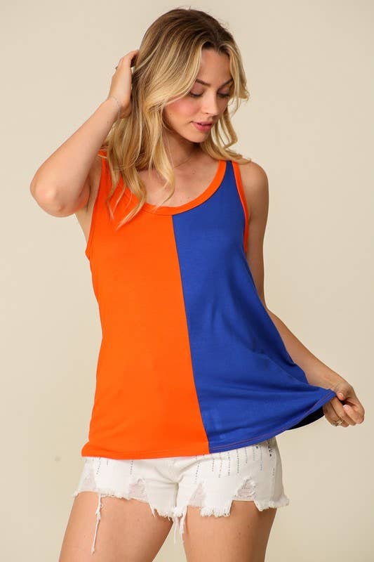 Game Day Rayon Knit Color Spilt Tank Top: ORANGE/ROYAL / 2-2-2 (S-M-L)